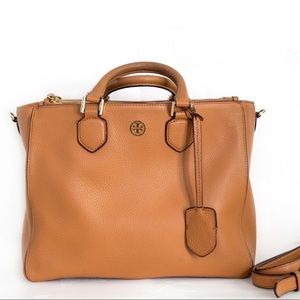 Tory Burch Robinson Pebbled Leather Squared Tote Tan brown